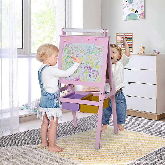 HOMCOM 3 in 1 Kids Wooden Art Easel with Paper Roll Double-Sided Chalkboard & Whiteboard with Storage Baskets Gift for Toddler Girl Age 3 Years+ Pink