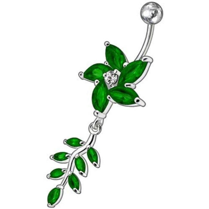 Fancy flower With Leafs Jeweled Silver Dangling Banana Belly Ring