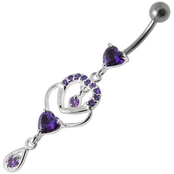 Fancy Jeweled Dangling Heart With Banana Bar Belly Ring Body Jewelry