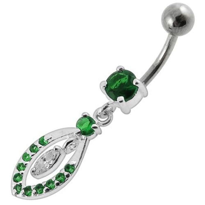 Jeweled Fancy Silver Dangling SS Bar Banana Belly Ring