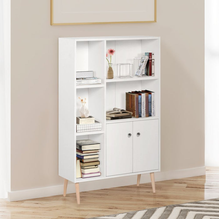 Open Bookcase Cabinet Shelves W/ Two Doors, 80W x 23.5D x 118Hcm-White