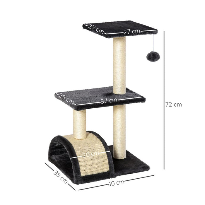 PawHut Cat Tree Tower for Indoor Cats, 72cm Climbing Activity Centre w/Sisal Scratching Post, Pad, Arc Perch, Hanging Ball, Toy - Black