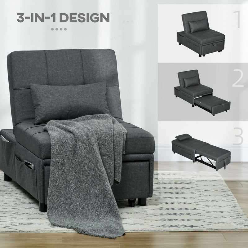 HOMCOM Folding Sofa Bed Adjustable Single Sleeper w/ Pillow Side Pocket, Grey