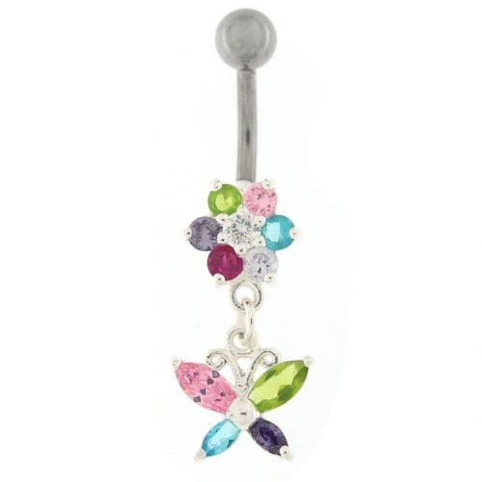 Flower with Dangling butterfly Navel Belly Piercing