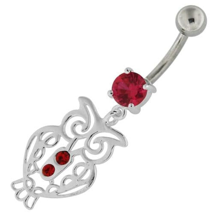 Sterling Silver Jeweled Owl Navel Belly Button Bar