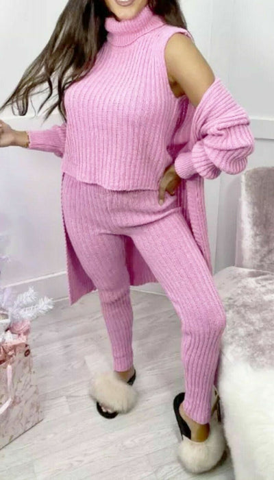 Ladies 3 Piece Suit Roll Neck Chunky Knitted Ribbed Tracksuit Lounge Set