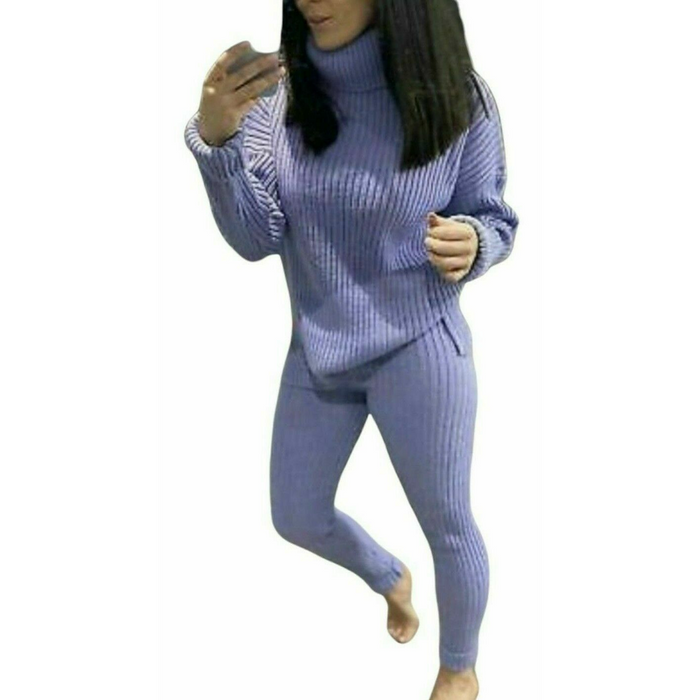 Ladies Chunky Knitted Ribbed Polo High Neck Top Leggings Loungewear Suit Set