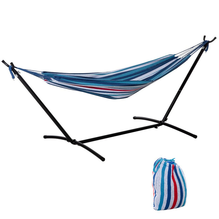 Premium 294x117cm Hammock w/ Metal Stand & Portable Carrying Bag. 120kg Capacity. White Stripe Design.