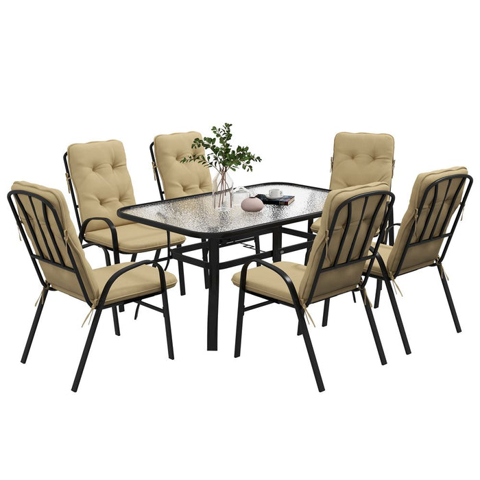 Outsunny 7 PCs Garden Dining Set, Glass Table w/ Umbrella Hole & Cushion, Beige