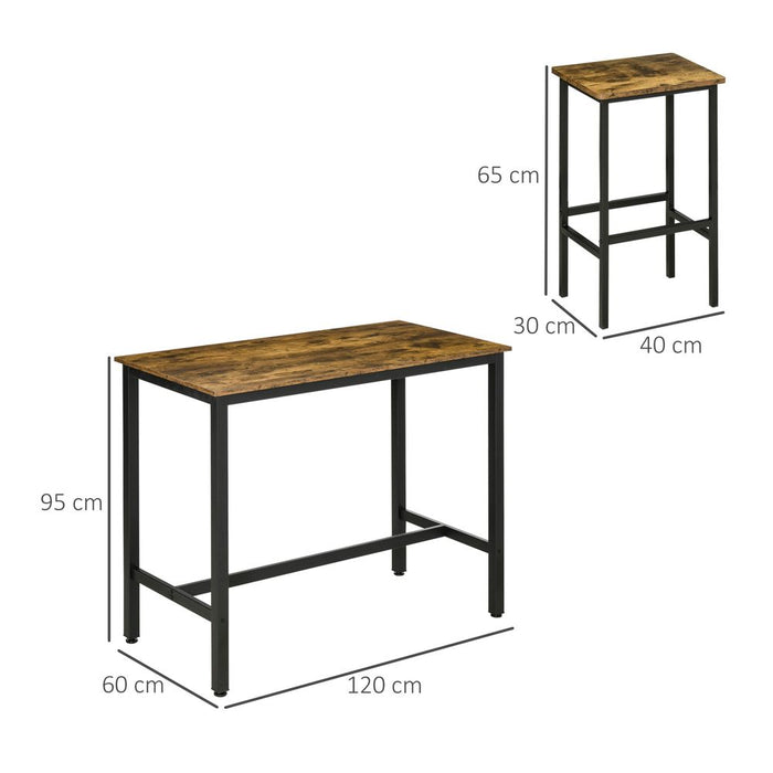 Modern Industrial Bar Table Set, 2 Stools, Counter Height, Rustic Brown