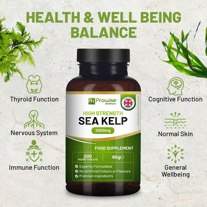 Premium Sea Kelp 2000mg 200 Vegan Tablets | Natural Source of Iodine | Made in UK by Prowise