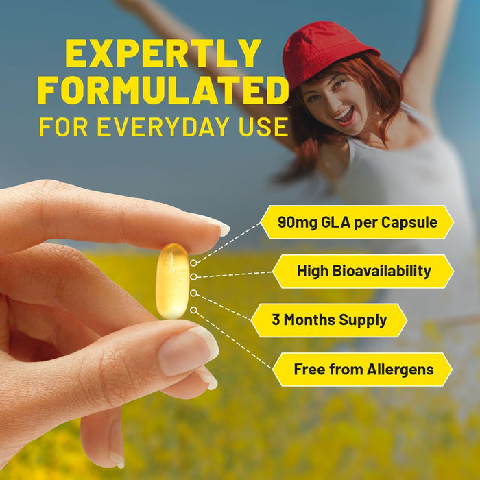 Evening Primrose Oil 1000mg | 90 Softgel Capsules | Pure Cold Pressed I 90mg GLA per Capsule I Halal Friendly