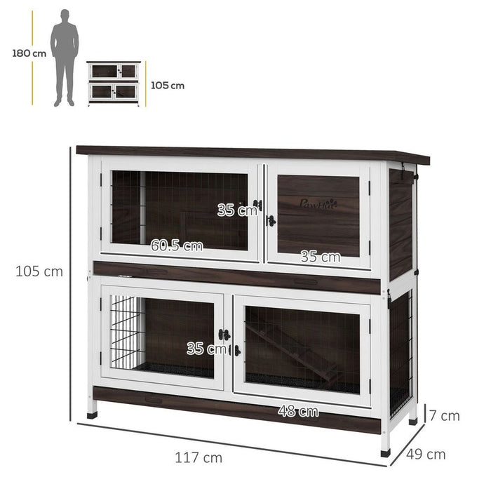 PawHut 2-Tier Rabbit Hutch | Sliding Trays | Ramp | Openable Asphalt Roof