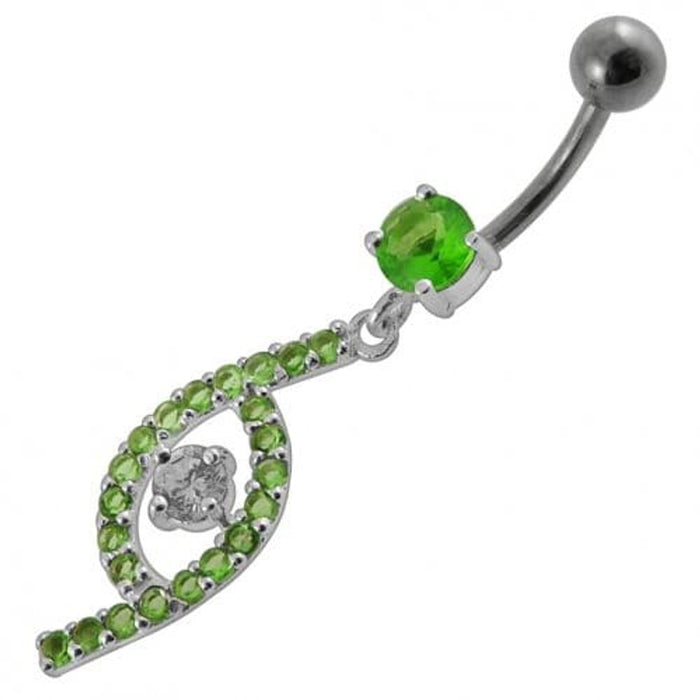 Jeweled Fancy Silver Dangling SS Bar Curved Navel Ring