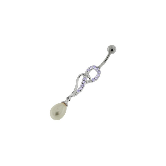 Jeweled Fancy Pearl Silver Dangling Curved Bar Belly Ring