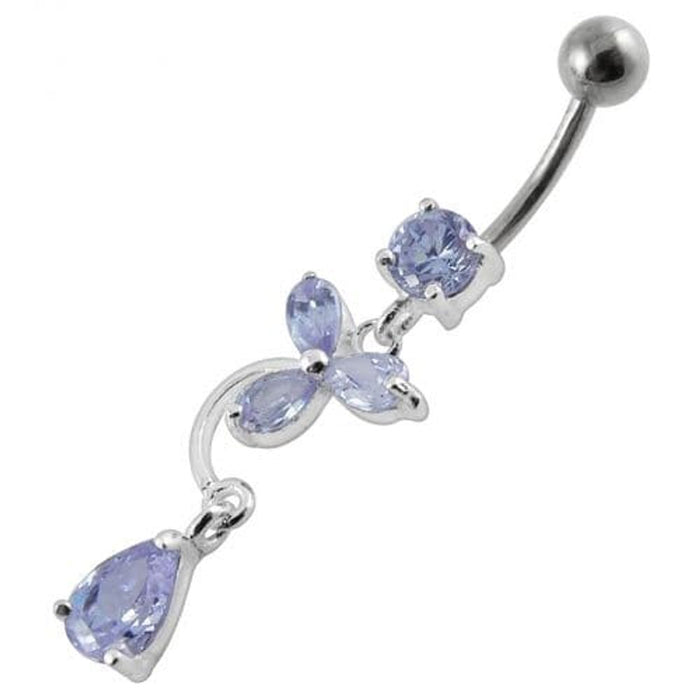 Fancy Flower Jeweled Dangling Banana Bar Belly Ring