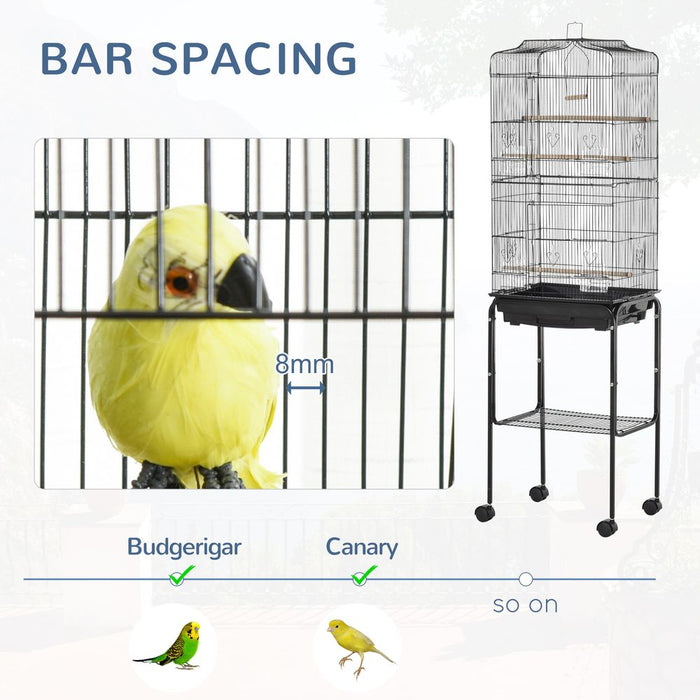 Bird Cage Metal Budgie Cages W/ Rolling Stand Slide-out Tray Storage Shelf Black