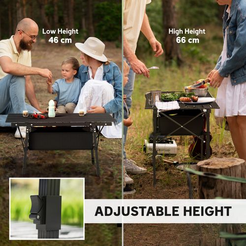 Outsunny Folding Camping Table w/ Adjustable Height, Storage Basket, Black