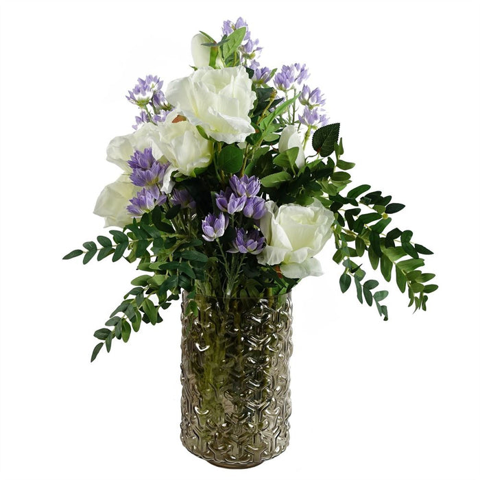 60cm White Rose Purple Starflower Display Glass Vase