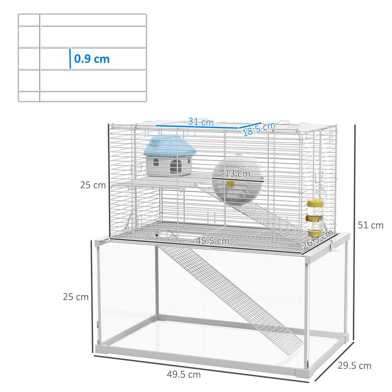 PawHut 3 Tiers Hamster Cage w/ Ramps Platforms Hut Exercise Wheel Water Bottle
