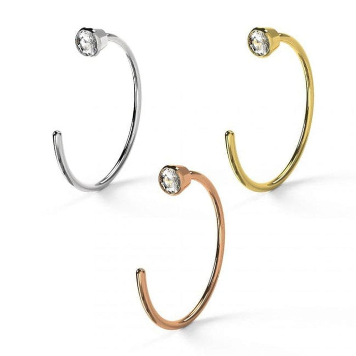 14ct Gold Bezel set Jeweled Open Hoop Nose Ring