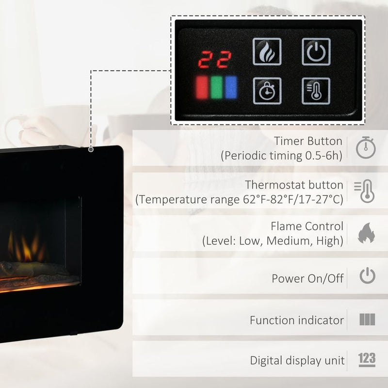 HOMCOM Electric Fireplace Heater Wall-Mount W/ Flame Effect Remote Control Timer