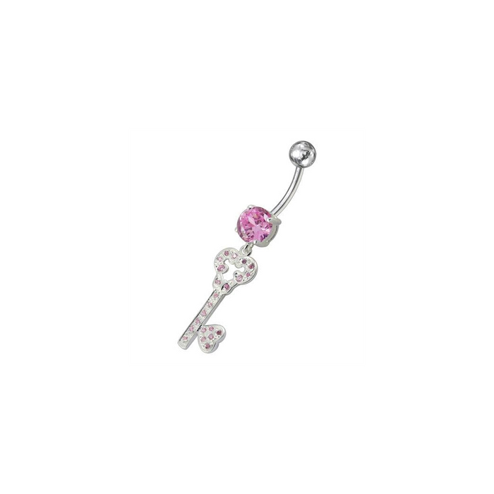 Jeweled Heart Key Dangling Belly Ring