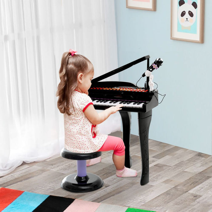 37 Key Mini Piano Keyboard w/ Microphone & Stool | Black | Safe & Durable | Interactive | Connects to MP3 & USB | Ages 3-6