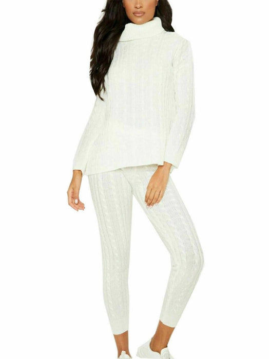 Ladies Chunky Knitted Ribbed Polo High Neck Top Leggings Loungewear Suit Set