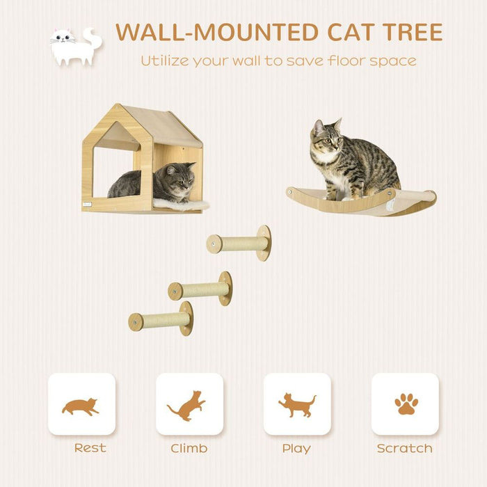 PawHut 5PCs Wall Mounted Cat Tree Cat Climbing Shelf Set Scratching Post, Oak