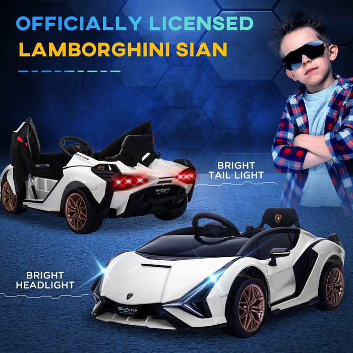 HOMCOM Lamborghini Sian Licensed 12V Kids Electric Ride On Car 2 Motors Toy Car with Remote Control Music Lights MP3 for 3-5 Years White