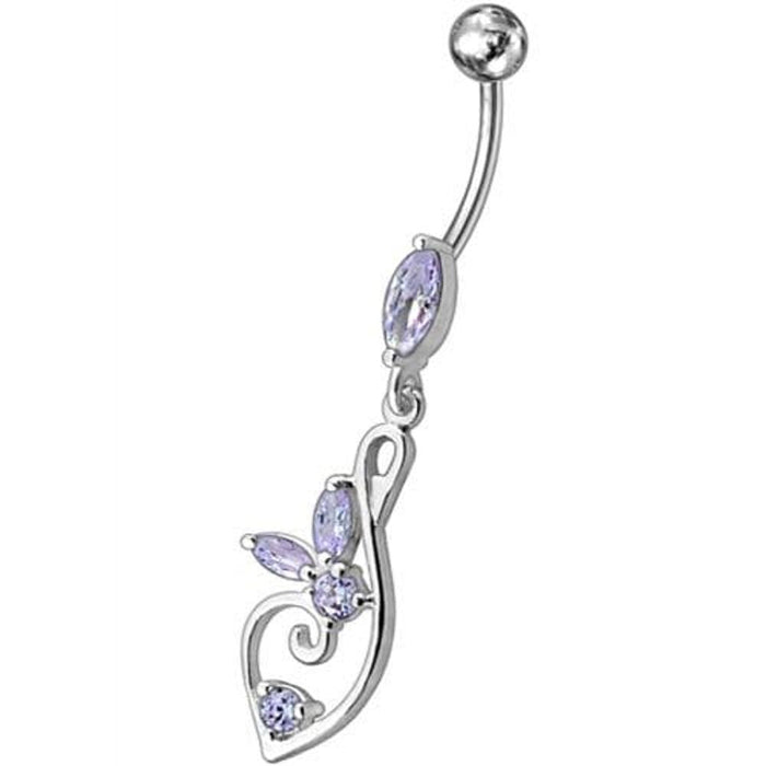 Silver Fancy Flower Jeweled Dangling  SS Bar Belly Body Ring