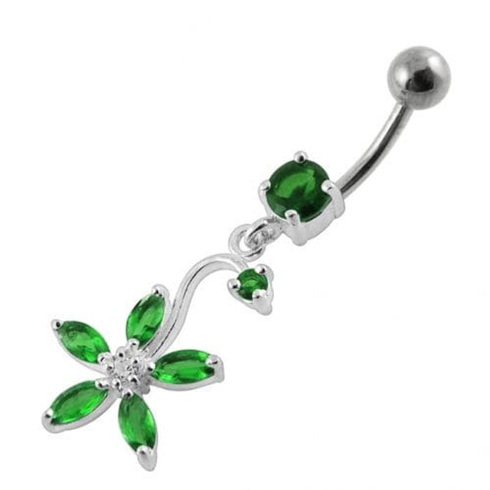 Fancy Multi Stones Flower Dangling Curved Navel Ring