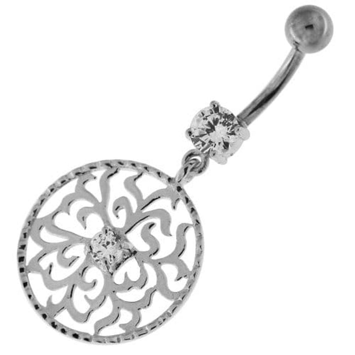 Center Jeweled Grass Leafs Cut out Sterling Silver Navel Bar