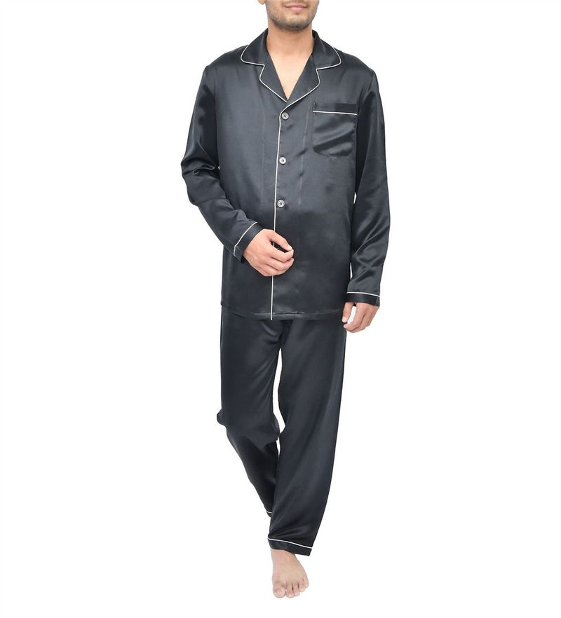 SILK PJS LONG SET MENS MEDIUM BLACK Pyjamas