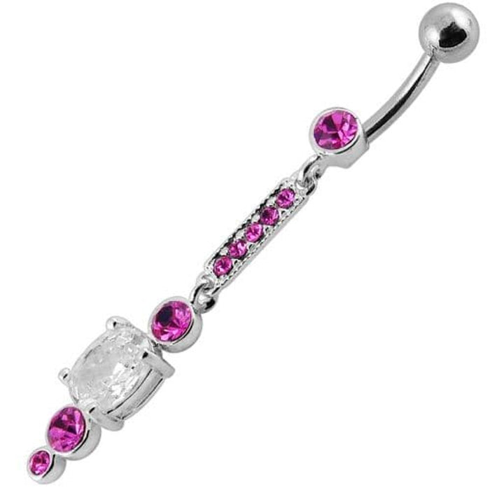 Silver Jeweled Fancy Dangling SS Bar Banana Navel Ring