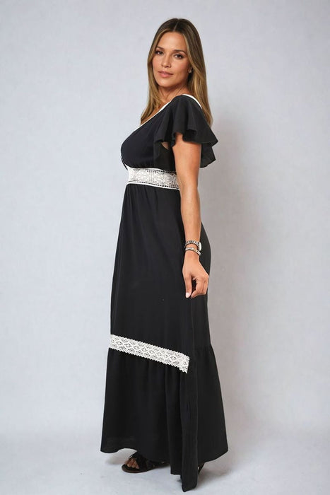 Timeless Elegance: V-neck Lace Trim Maxi Dress