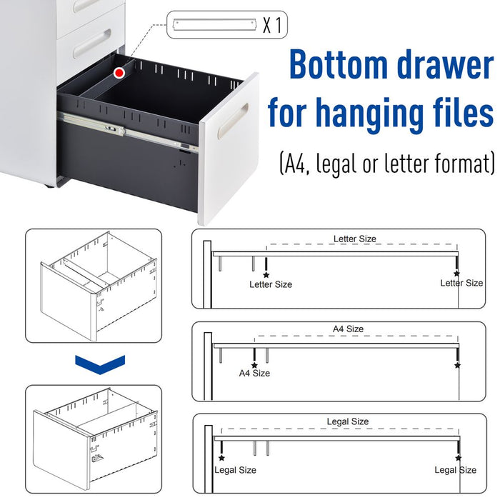 Vinsetto Modern Steel Filing Cabinet | 3 Drawers | 4 Wheels | Lock | White | High-Quality