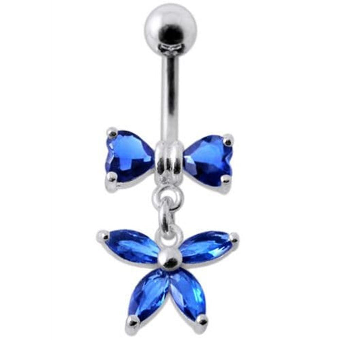 Fancy Jeweled Butterfly with Bow Dangling Surgical Grade Steel Belly Ring