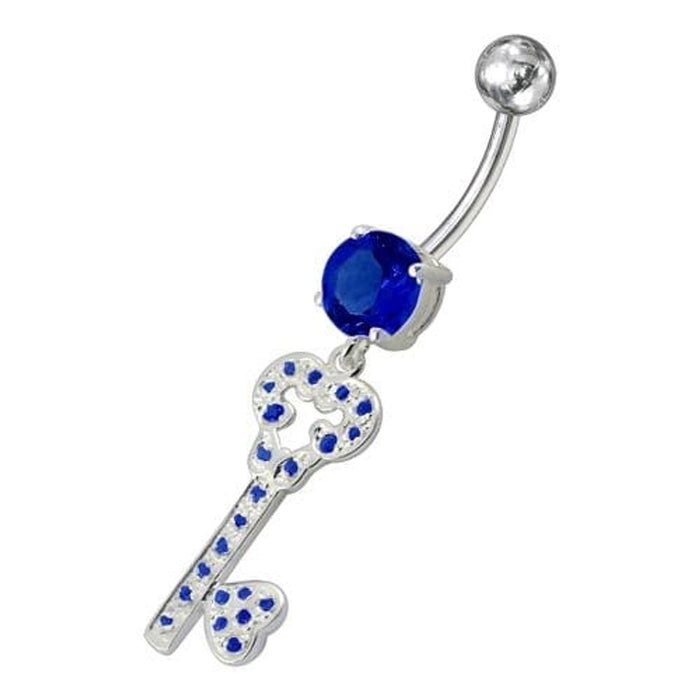 Jeweled Heart Key Dangling Belly Ring