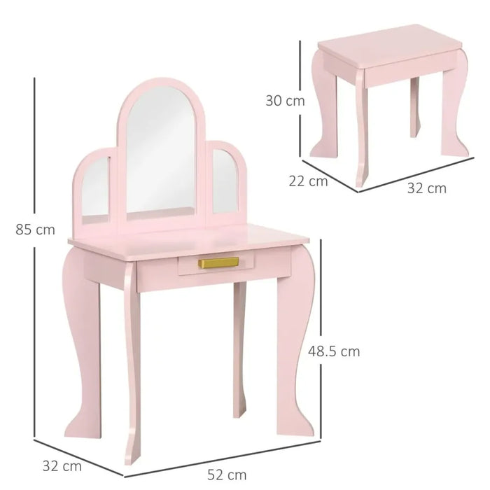 Kids Dressing Table and Stool w/ Mirror and Drawer, for Ages 3-6 Years - Pink