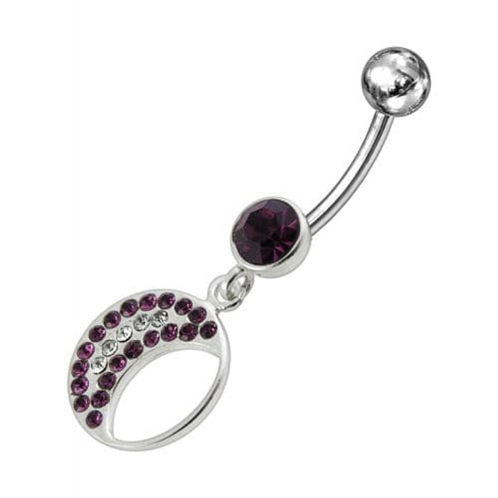 Jeweled Fancy Half MOON Silver Dangling Curved Bar Navel Ring