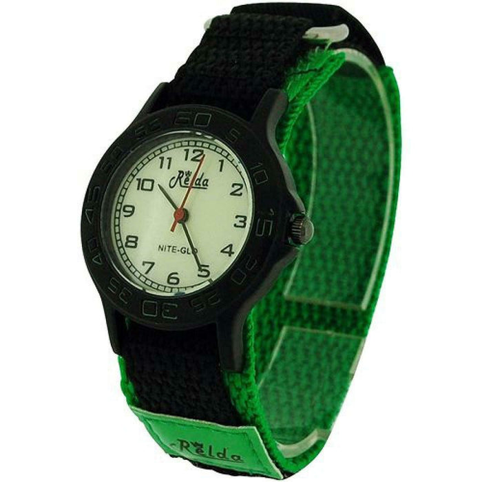 Relda Kids Nite-Glo Quartz Watch - Luminous Dial, Velcro Strap, Boys - Green & Black - REL55