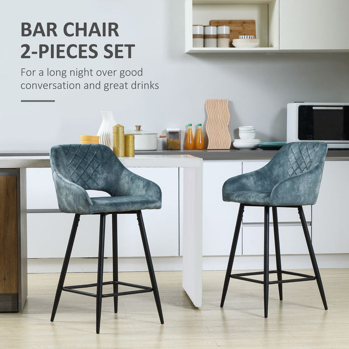 Bar Stools Set of 2, Velvet-Touch Fabric Counter Height Bar Chairs Blue HOMCOM