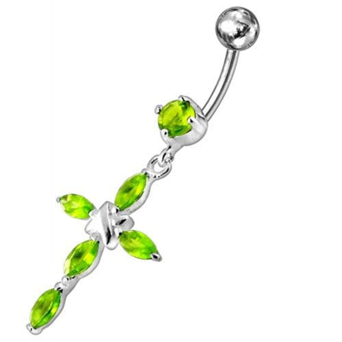 Jeweled Fancy Silver Flower Dangling SS Bar Banana Belly Ring