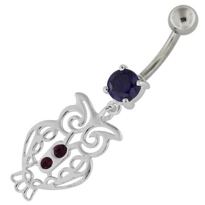 Sterling Silver Jeweled Owl Navel Belly Button Bar