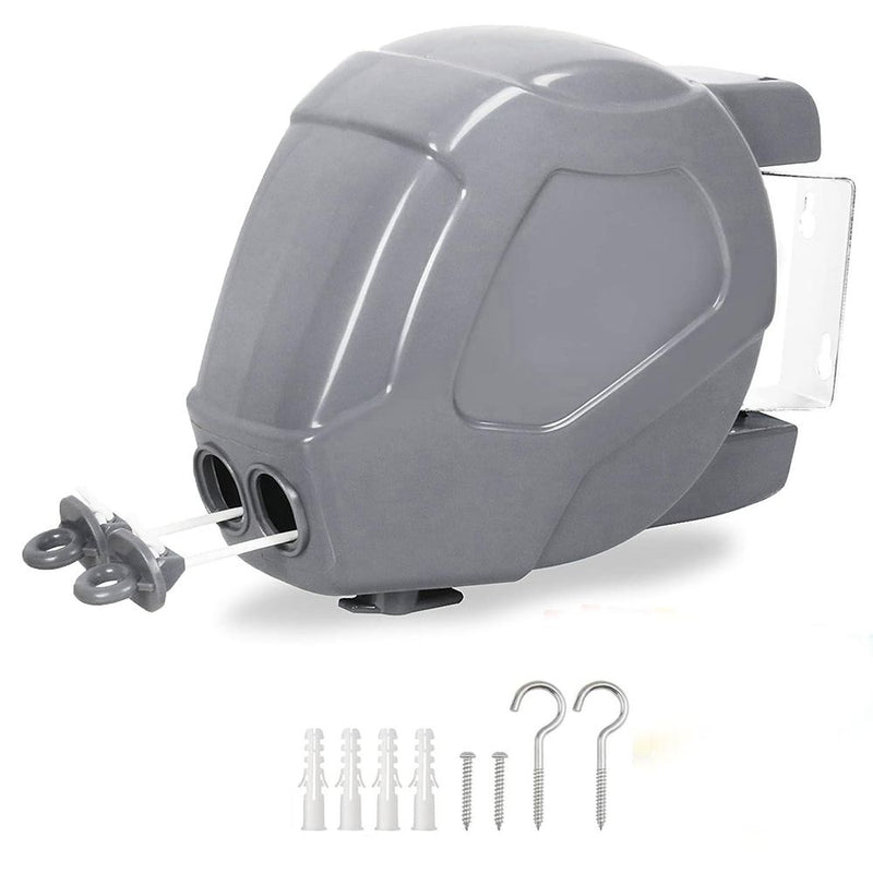 30m Retractable Washing Line Grey Wall Mounted Outdoor Clothes Line with Locking Mechanism