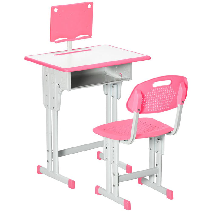 Kids Desk and Chair Set w/ Drawer, Book Stand, Cup Holder, Pen Slot, Pink