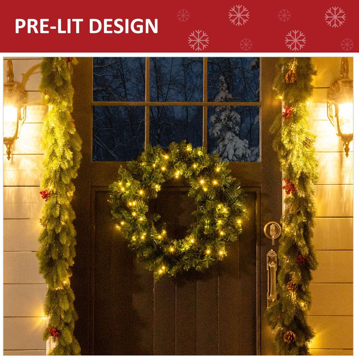 55CM Pre-lit Christmas Wreath 50 Warm White LED Ideal Xmas Artificial Door Deco