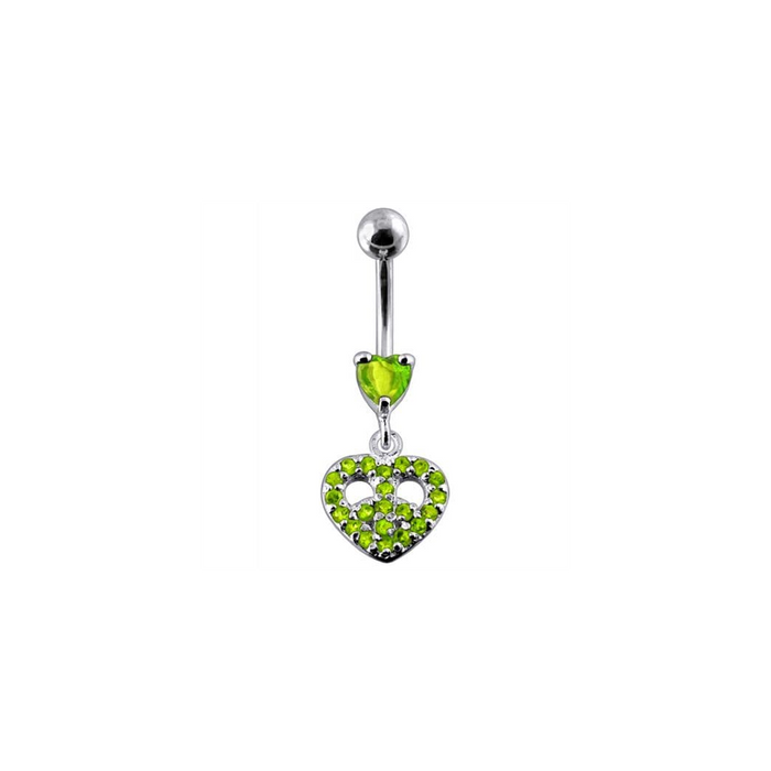 Jeweled Fancy Heart Shape Silver Dangling SS Bar Curved Belly Ring